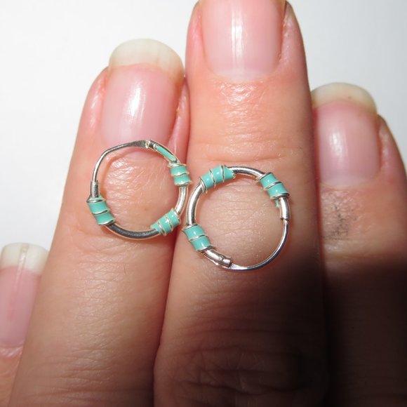 Sterling Silver Green Enamel Accents Hoops Huggies Earrings - Picture 10 of 12